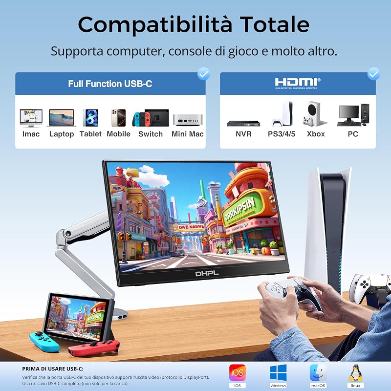 Monitor portatile da 15,6 pollici, schermo FHD 1080P IPS, altoparlante integrato, interfaccia USB-C/HDMI, schermo portatile per laptop, PC, Mac, cellulare e console di gioco, custodia protettiva