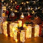 SANHSEHOME Set of 3 Christmas Lighted Gift Boxes, 60 LED Light Up Present Boxes for Christmas Decorations Indoor Xmas Tree Holiday Party Porch Home Decor (Gold Bow)