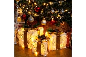 SANHSEHOME Set of 3 Christmas Lighted Gift Boxes, 60 LED Light Up Present Boxes for Christmas Decorations Indoor Xmas Tree Holiday Party Porch Home Decor (Gold Bow)
