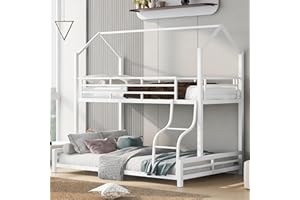 BOVZA Twin Over Full Metal House Bunk Bed, Low Metal Bunk Bed Frame with Roof and Built-in Ladder, for Kids Boys Girls Teens, No Box Spring Needed, White