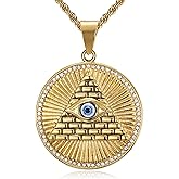 Lee Island Fashion 18K Gold Plated Eye of Horus On Pyramid Egyptian Pendant Stainless Steel Necklace, 24 Inch Chain Eye of Providence/All-Seeing-Eye/Blue Evil Eye Jewelry Gift for Men Women