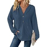 WNEEDU Womens Long Sleeve Tops Waffle Knit Hoodies V Neck Button Sweatshirt | 2026 Womens long sleeve hoodies, Loose hooded f