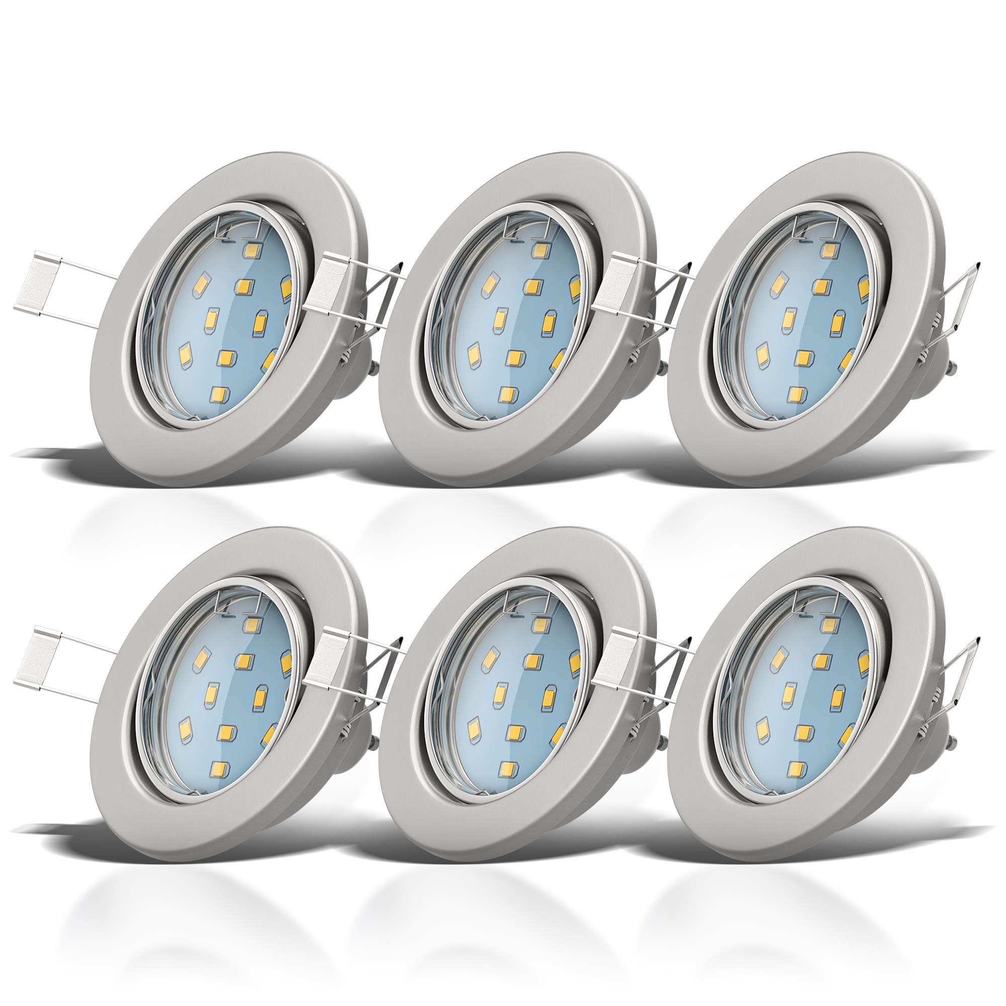 B.K.Licht - Set of 6 LED Recessed Spotlights with 6X 3W GU10 Bulbs Included and Swivel Design, Matte Nickel, Round