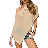 RPYHF Womens Summer One Shoulder Knit Sheer Poncho Trendy Lightweight Asymmetric Shrug Pullover Sweaters