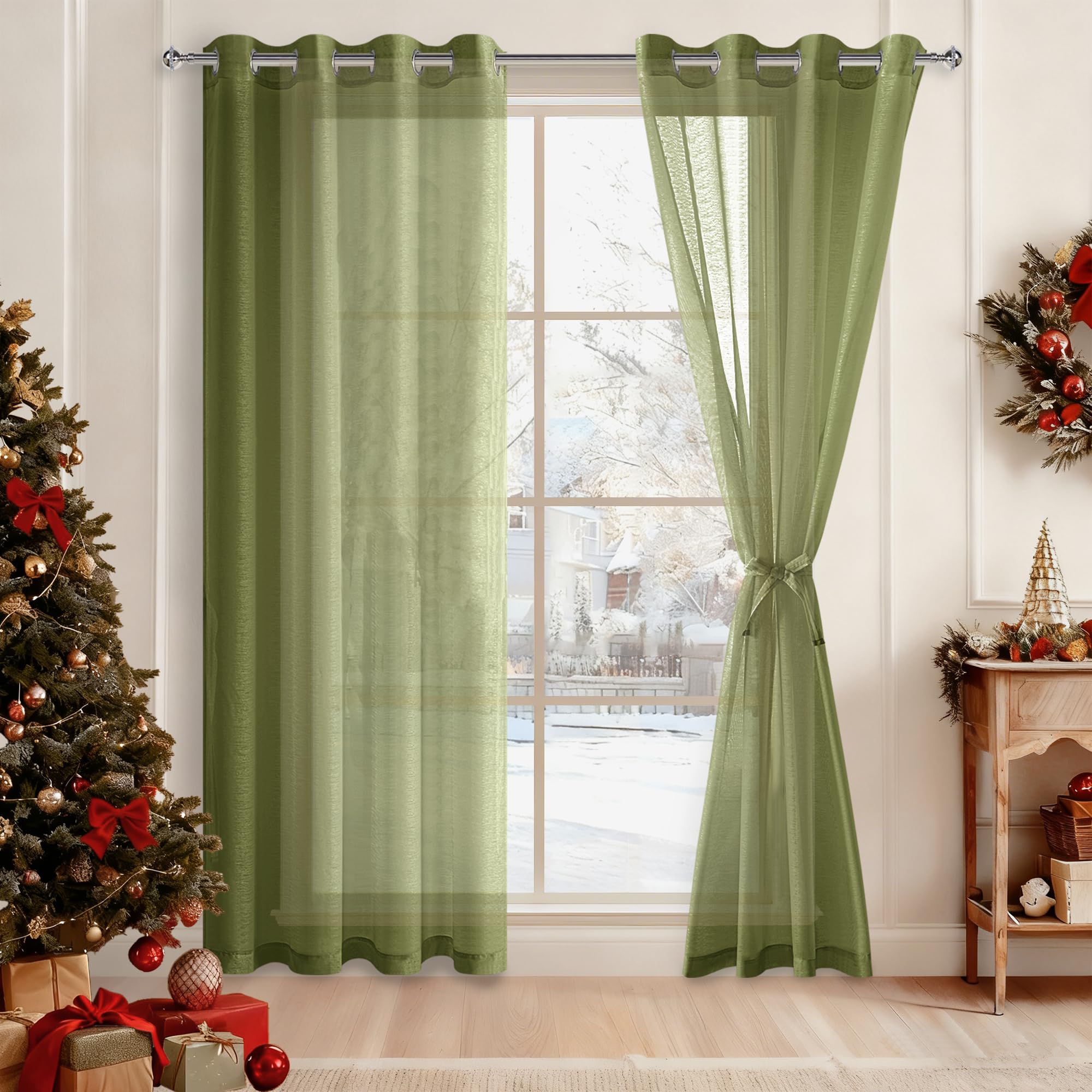 DWCN Green Sheer Curtains with Tiebacks Semi Transparent Voile Grommet Curtains Elegant Window Curtains for Bedroom and Living Room,2 Panels,W56 x L90
