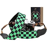 Padwa Lifestyle Green Black Plaid Camera Strap - 2" Wide Double Layer Cowhide Head,Cotton Camera Straps for Photographers,Grid Pattern Adjustable Camera Shoulder Neck Strap for All DSLR Cameras