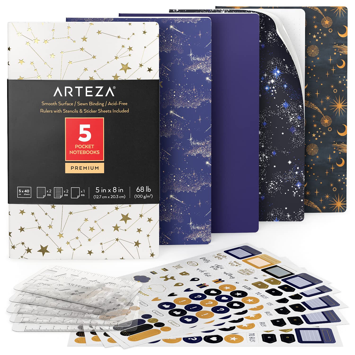 Arteza Pocket Notebooks, Set of 12.7 cm x 20.3 cm, 40 Sheets Each, Constellation Designs, 2 Dotted, 2 Ruled, and 1 Blank Softcover Journal with Smooth Paper