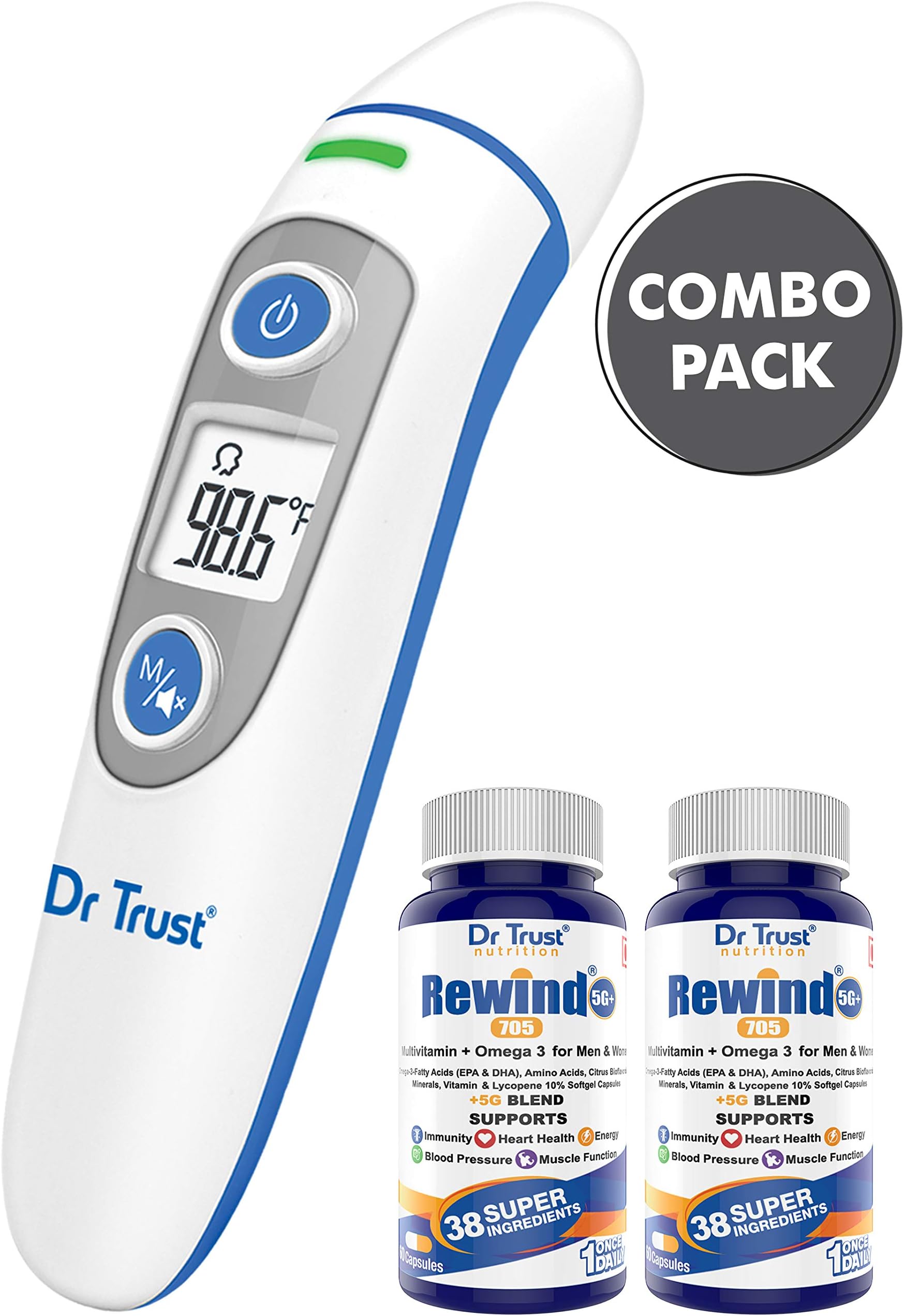 Dr Trust (USA) Clinical Digital I-Check Forehead Ear Infrared Temperature Thermometers and Rewind 5G plus Multivitamin + Omega 3, Vitamin & Minerals (Pack of 2)