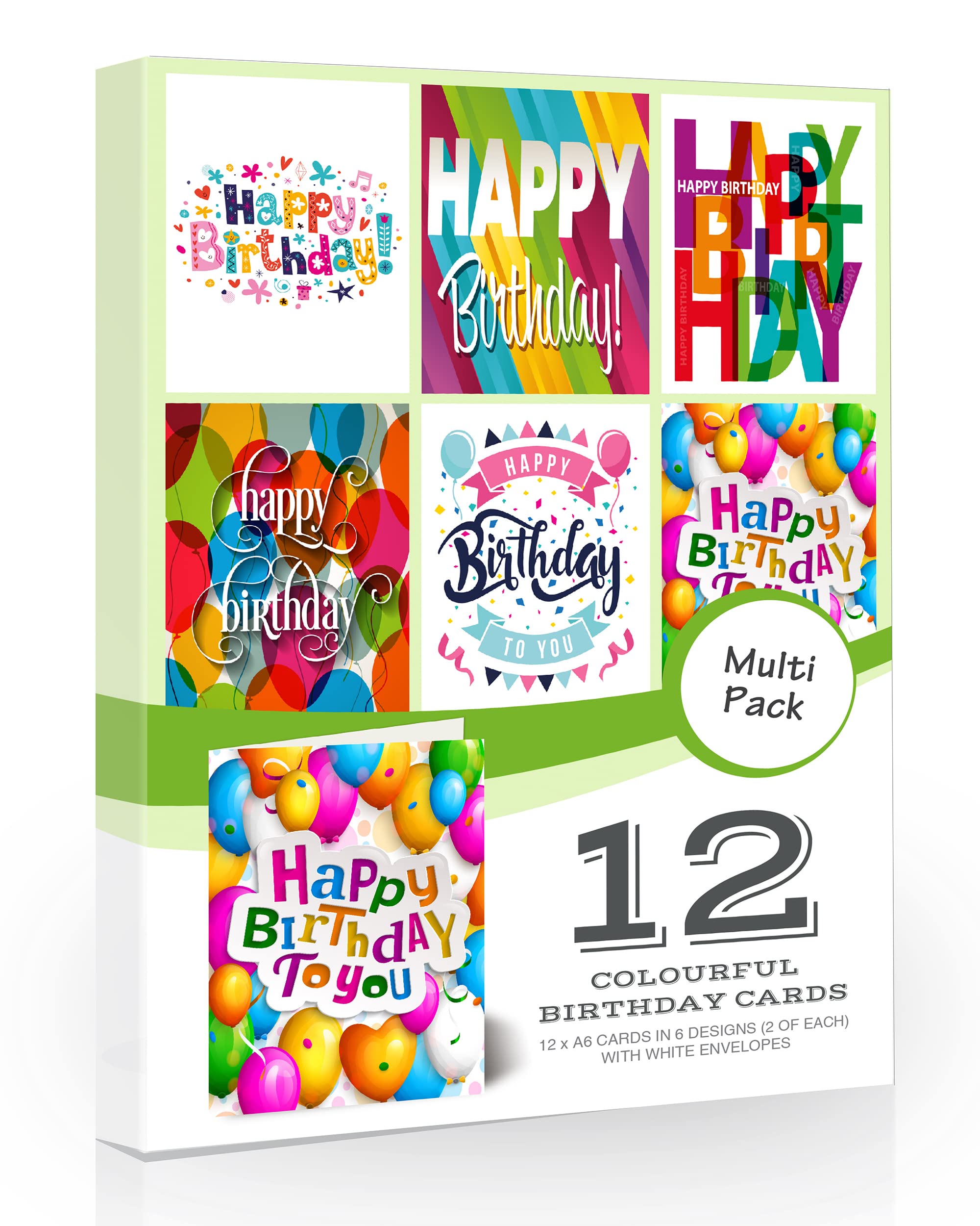 Olivia Samuel 12 x Colourful Birthday Cards Pack & Envelopes Great Value Pack. Printed in the UK and fully recyclable