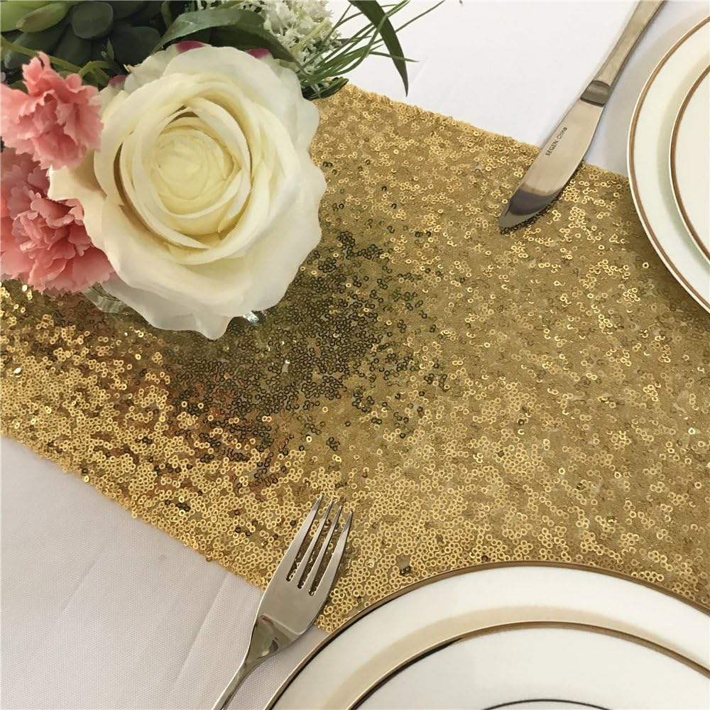 TRLYC 12 by 108-Inch Elegant Rectangle Gold Sequin Wedding Table Runner Gold Glitz Table Linens: Home & Kitchen