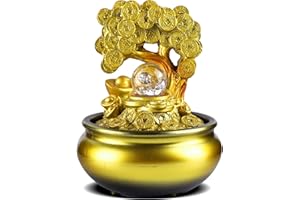 Gold Feng Shui Money Tree, Tabletop Zen Water Fountain Decoration, Resin Feng Shui Water Fountains Indoor, Chinese Feng Shui 