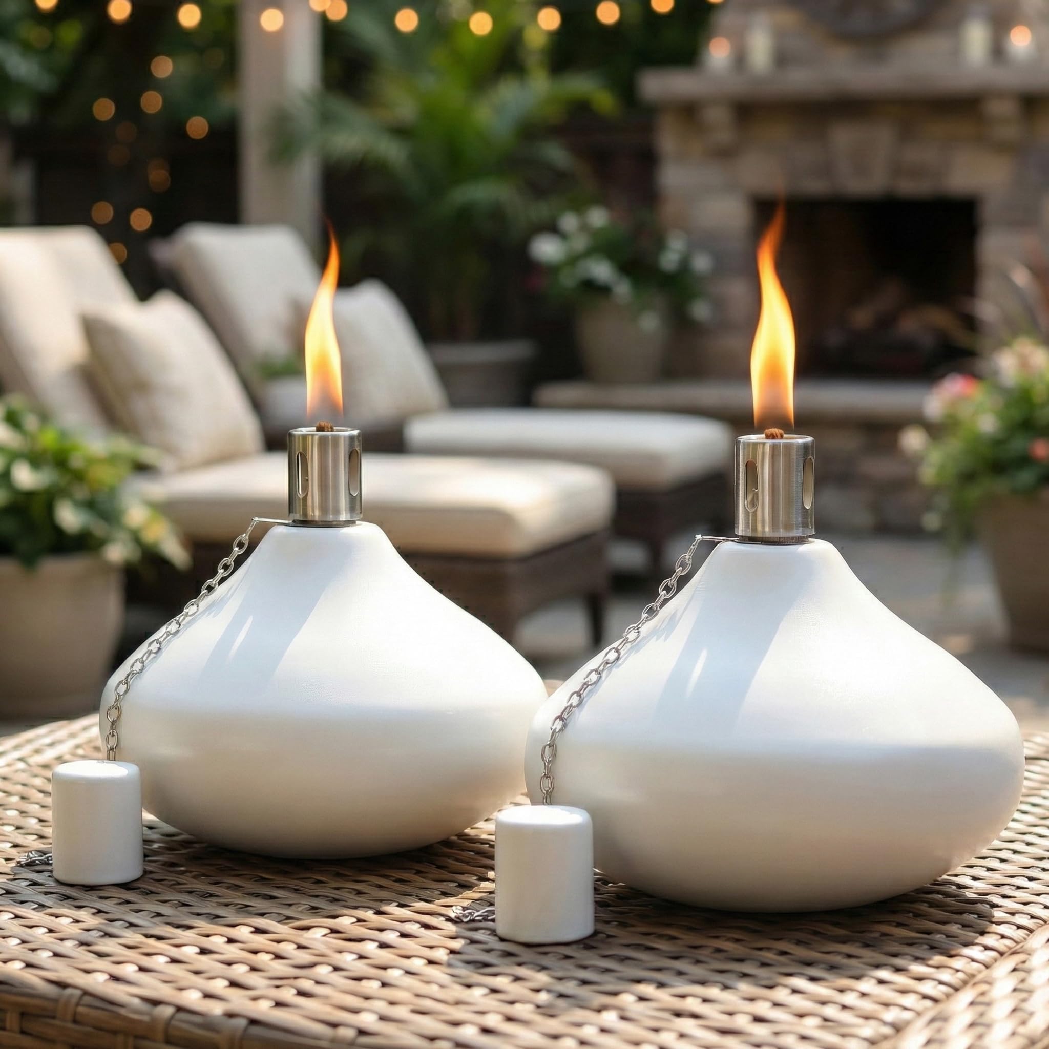 Photo 1 of Seraphic 30oz Citronella Torch Candles for Outdoor Patio & Deck – Large Tabletop Stainless Steel Metal Burner Torches for Outside, White (Set of 2)