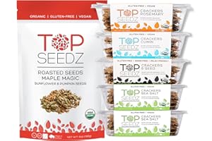 Top Seedz Deluxe Organic Gluten Free Vegan Seed Crackers and Roasted Seeds Bundle | 1 Pouch of Maple Magic Roasted Seeds | 5 Packs of Mixed Crackers
