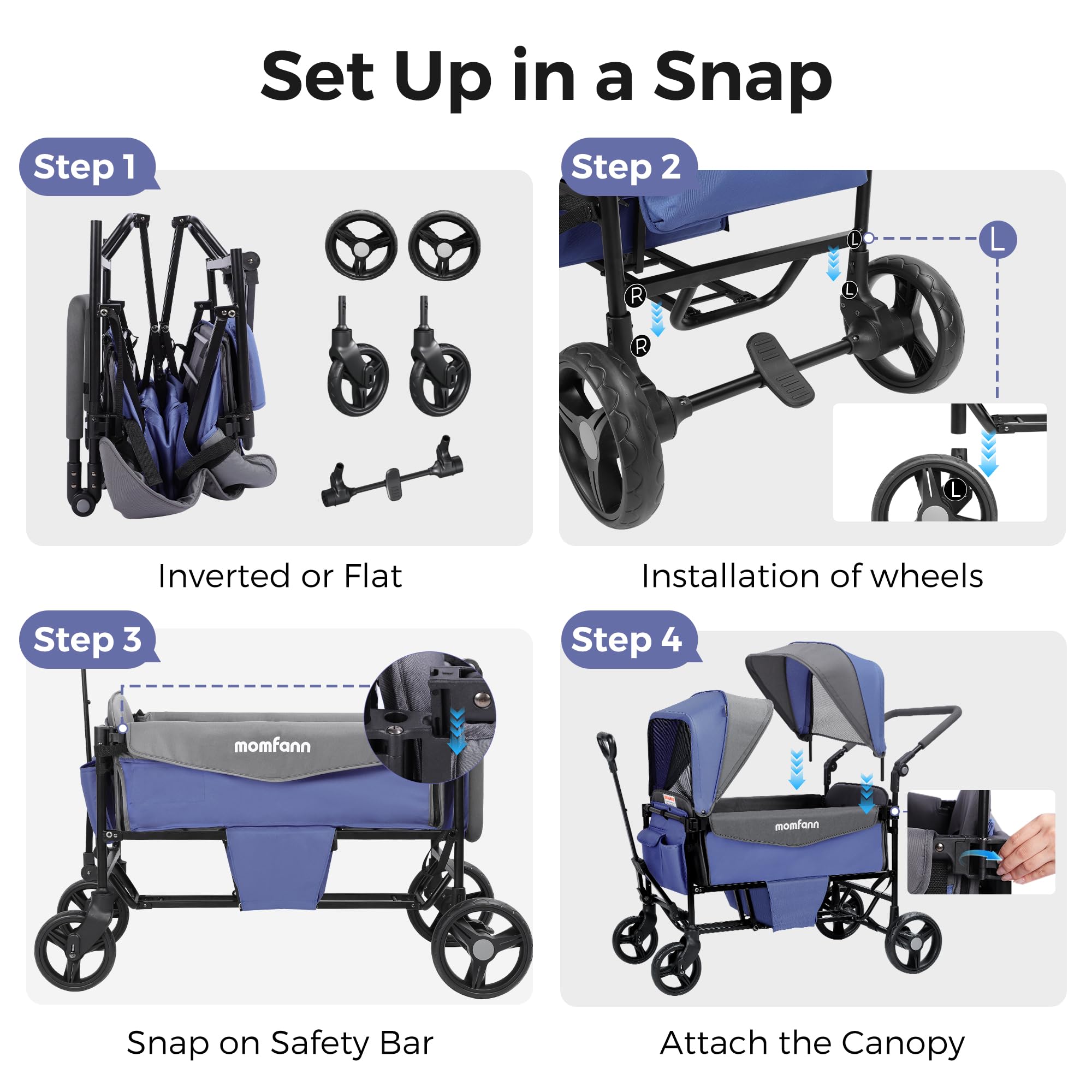 MOMFANN Stroller Wagon for 2 Kids,Foldable Wagon Stroller with Canopy, All-Terrain Parent Organizer, Adjustable Handle & Pull Bar Baby Wagon for Infants and Toddlers, Lavender Blue