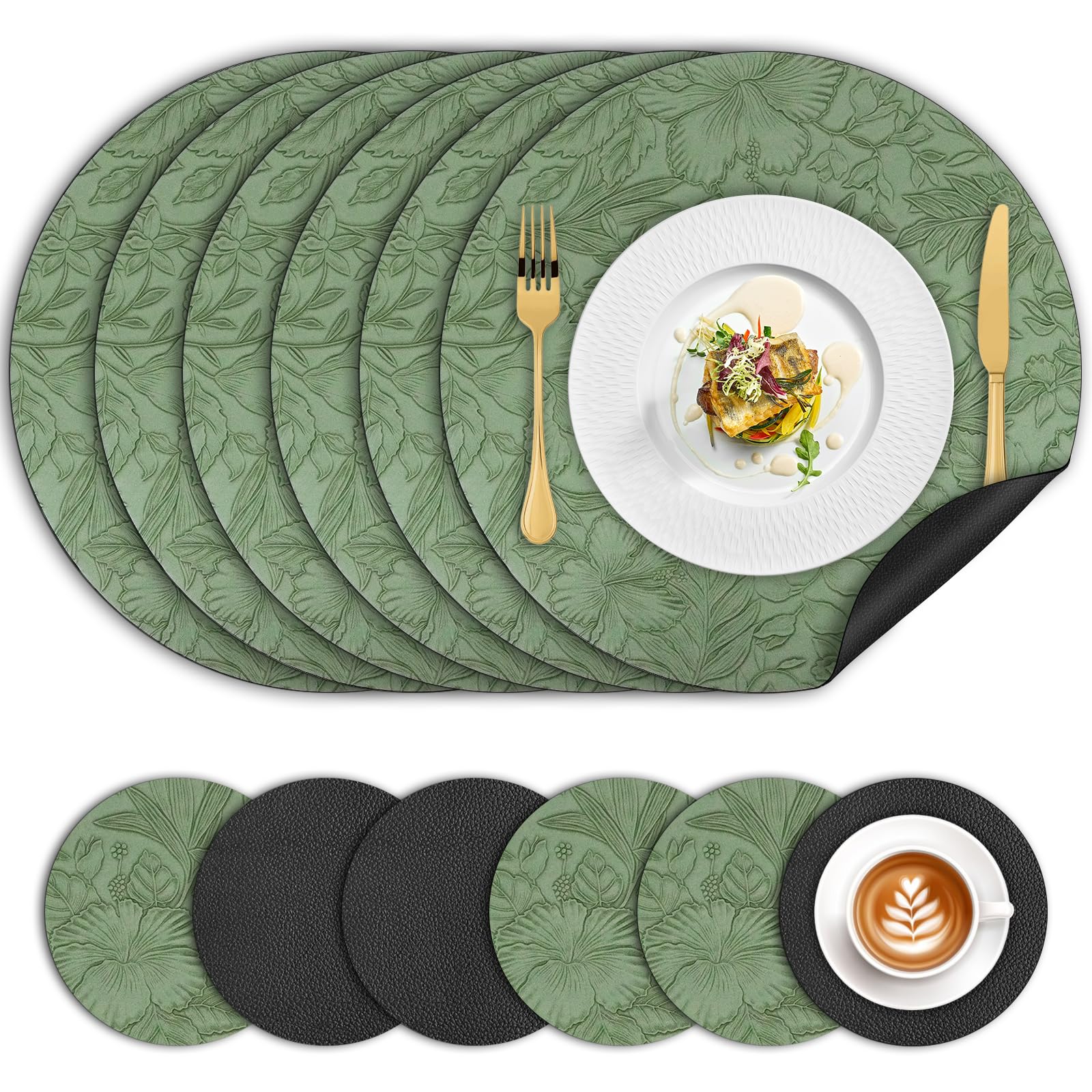Placemats and Coaster Sets 6, Dual Sided PU Leather Place Mats(34cm) Heat Resistant Waterproof No-Slip, Washable Round Floral Kitchen Coffee Table Mats for Home Hotel Indoor Outdoor Party(Green Black)