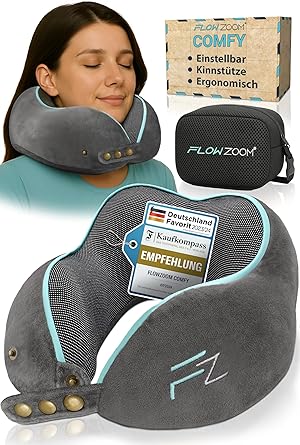 FLOWZOOM Comfy Nackenkissen Flugzeug & Auto - Einstellbares Memory Foam Reisekissen mit flexiblen Druckknöpfen für 360° Stütze, atmungsaktiver weicher Bezug - inkl. Transportbeutel - Grau