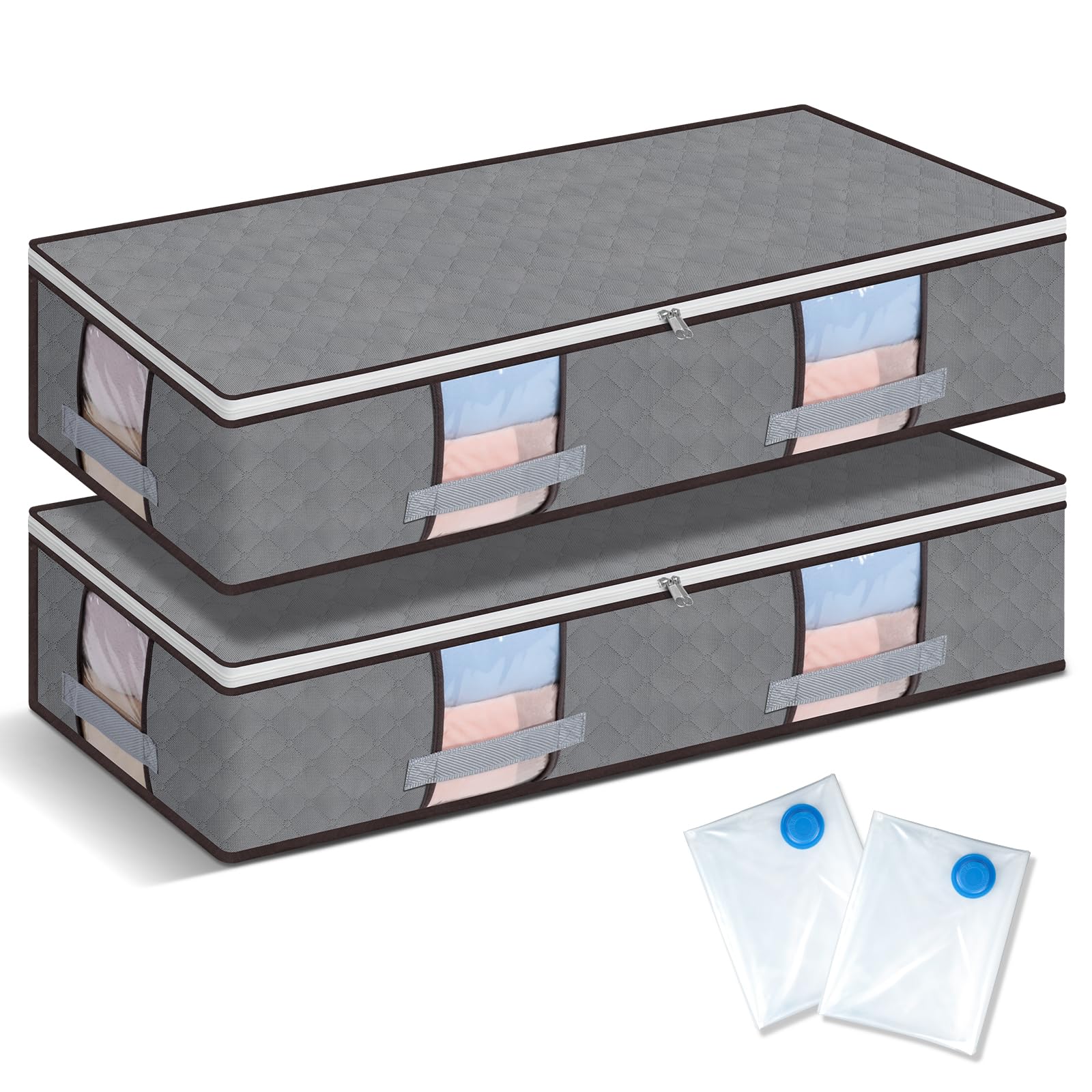 AiQInu Underbed Storage Set,2 Pieces Under Bed Organizer Large Capacity with 2 Vacuum Bags for Clothes, Blankets, Quilts (97 x 43.5 x 20 cm)