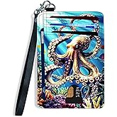 FXIANGWL Slim Front Pocket Wallet for Women, RFID Blocking Credit Card Holder Wallet with Detachable Wrist strap, Thin Card Case ID Window Small Card Holder for Unisex, Colourful Octopus