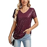 MINTLIMIT Womens Full Sequin Tops Glitter Party Shirt Short Sleeve Sparkle Blouses V-Neck Loose Summer Shimmer Tunic Shirts