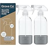 Grove Co. Glass Spray Bottles for Cleaning Solutions, 2-Pack Bundle, Unique Silicone Sleeve Slide & Snap Custom Label, Refillable Spray Bottle, Made from Recycled Glass, 2 x 16 oz