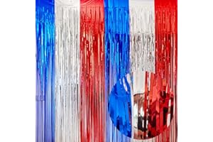 EUFARS 4th of July Decorations- 4 Pack of 3.2x8.2ft Red Silver Blue Tinsel Foil Fringe Curtains for Patriotic Party Memorial Day Independence Day Party Backdrop