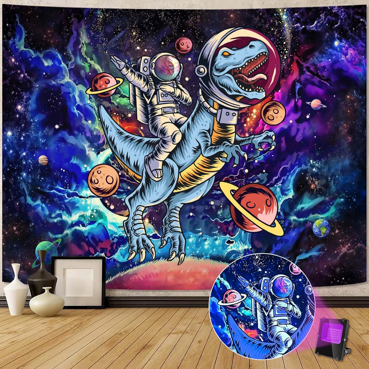 Tapestries - YEXIT Funny Space Astronaut Dinosaur Tapestry, Blacklight Trippy Galaxy Universe Planets Cool Tapestries for Teens Boys College Dorm Bedroom Grunge Room Poster 60×80 inch