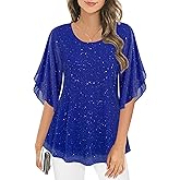 Ninedaily Women's Tops 3/4 Sleeve Blouses Dressy Casual Double Layers Mesh Tunic Shirts