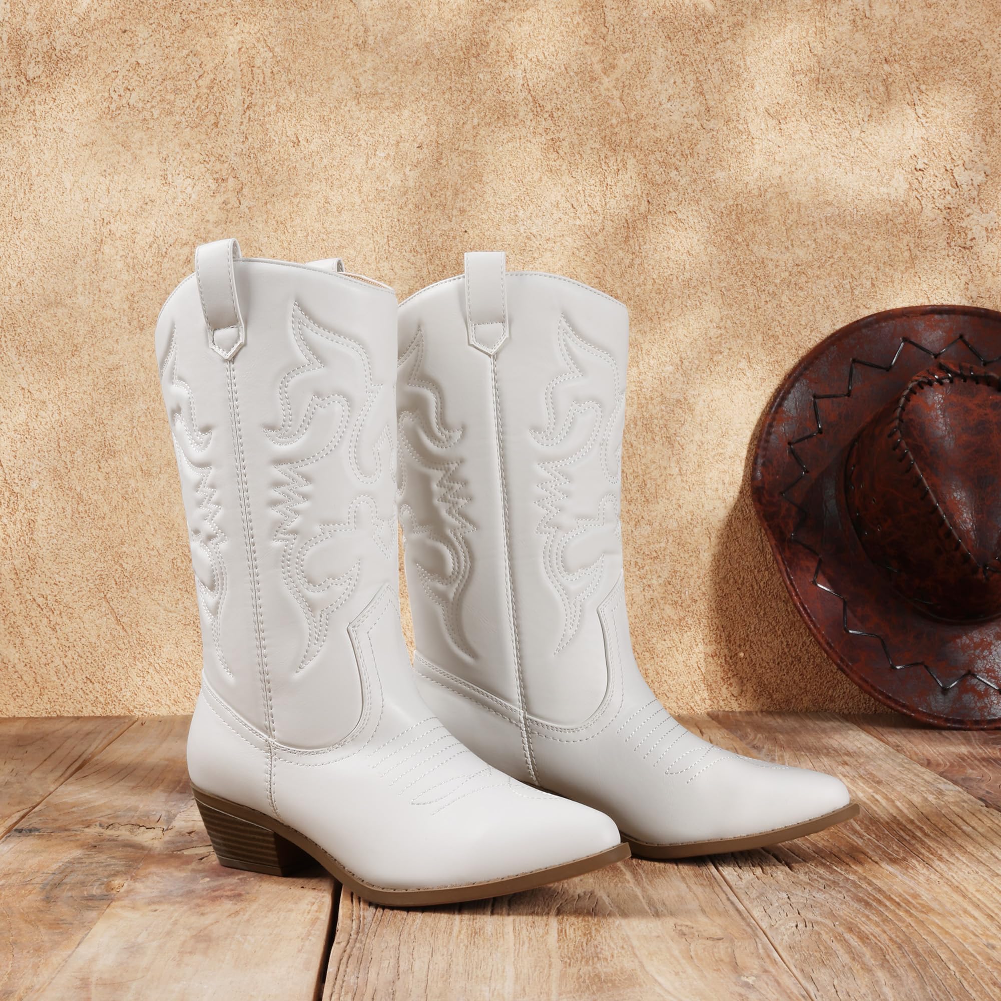 DREAM PAIRS Women's Cowboy Boots Pull On Cowgirl Boots Mid Calf Western Boots, Available in Regular and Wide Calf
