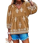 Caracilia Womens 3/4 Sleeve Blouse V Neck Boho Dress Tops Flowy Casual Dressy Shirts Beach Vacation Clothes Spring Outfits