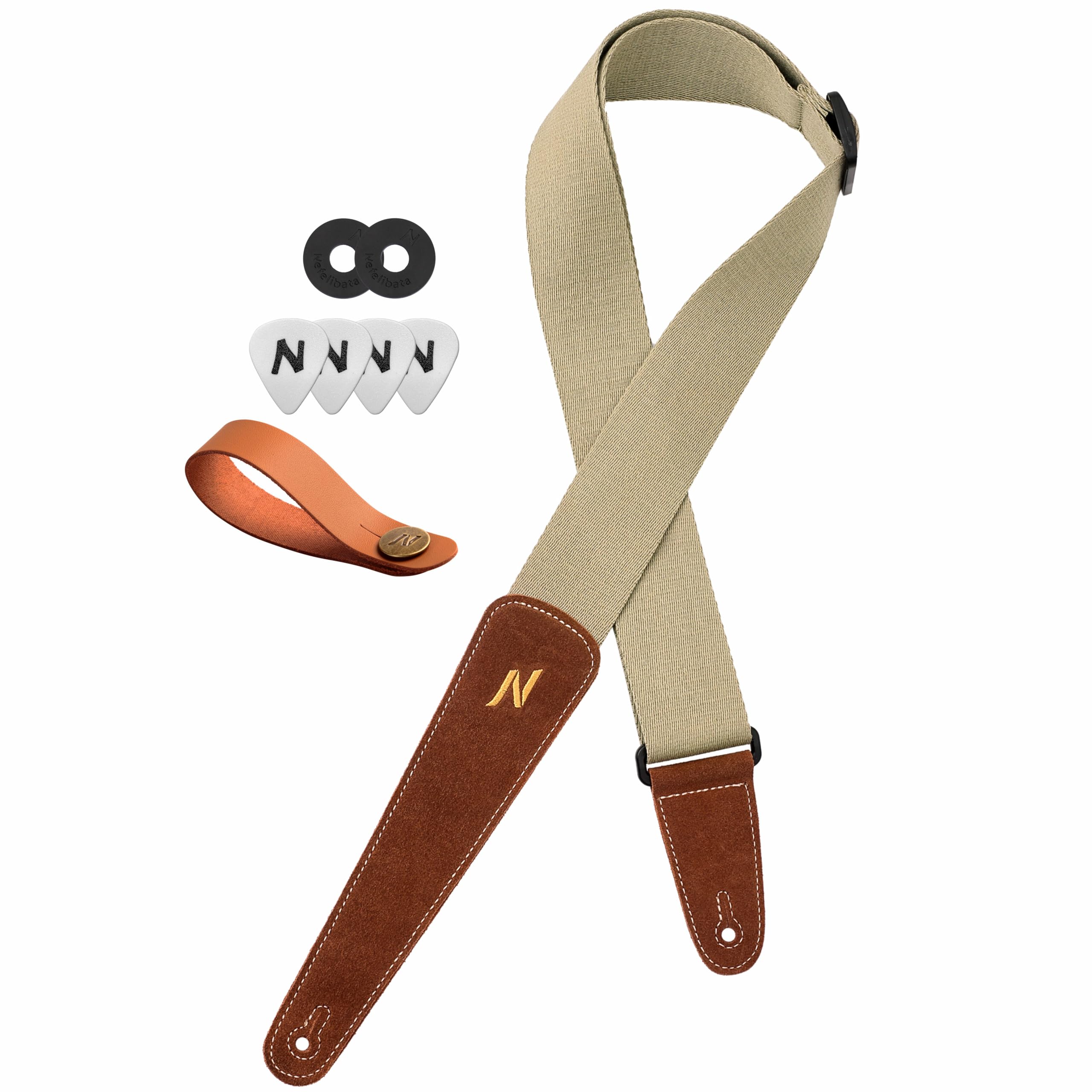 Nefelibata Guitar Strap with Pick Pocket, 100% Cotton Full Grain Leather End Guitar Strap for Acoustic Guitar, Electric Guitar, Bass, Gift for Guitarists and Kids