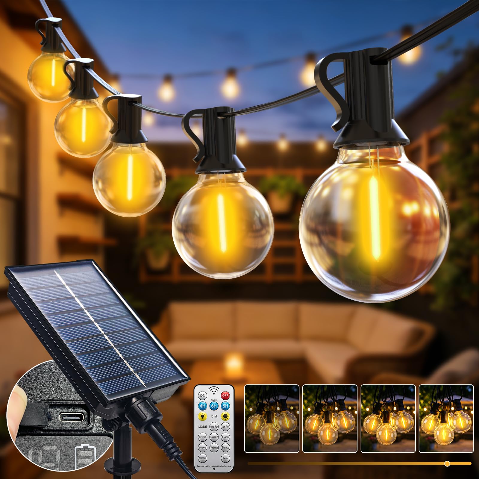 btfarm 20M/65FT Solar Festoon Lights Outdoor with Remote, 25+2 LED Garden String Light USB & Solar Powered G40 Shatterproof Bulb, Waterproof Dimmable Hanging Lighting for Outside Gazebo Fence Wedding