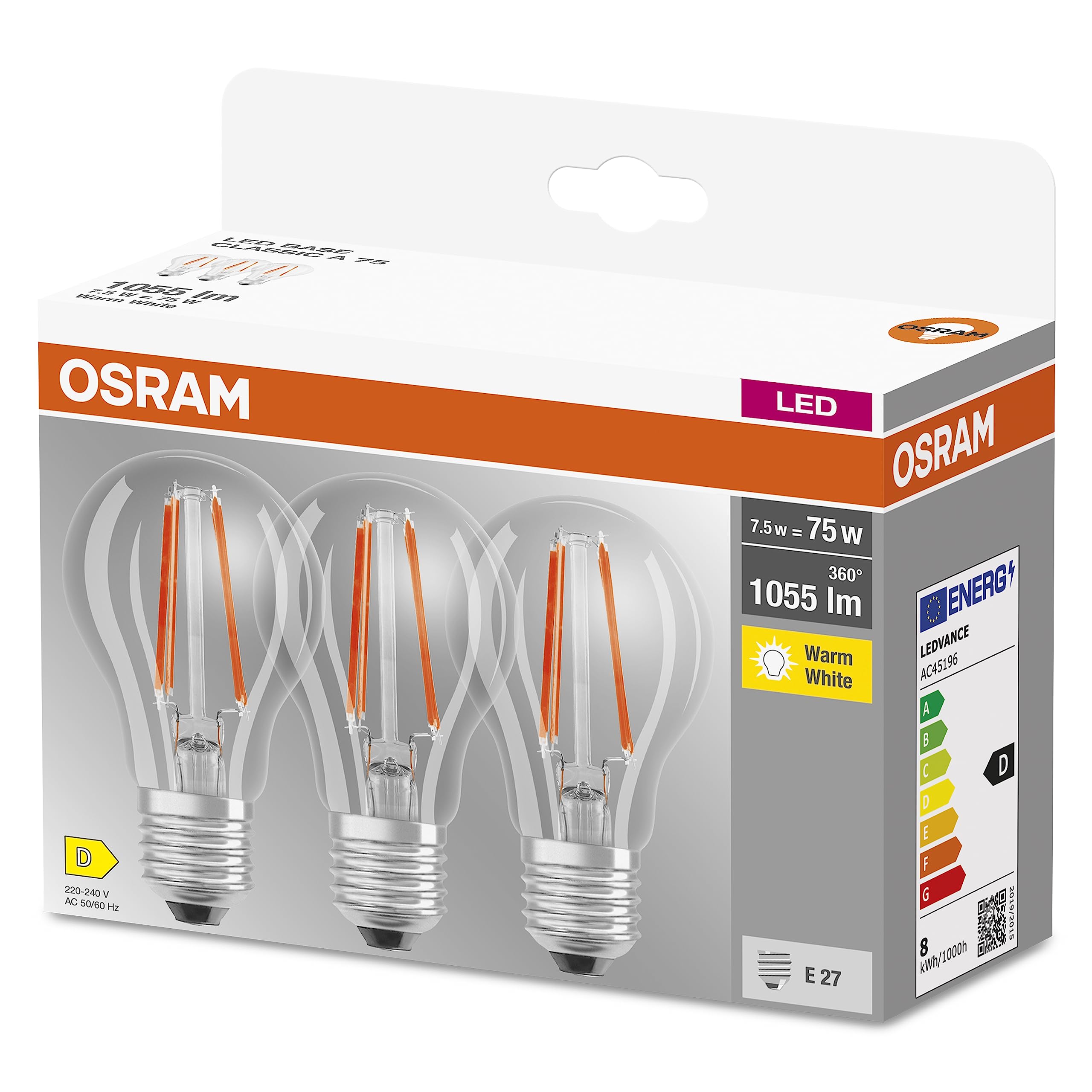 OSRAM LED Base Classic A75, Clear Filament LED Lamps Made of Glass for E27 Base, Bulb Shape, Warm White (2700K), 1055 Lumen, Replaces Conventional 75W Bulbs, Box of 3