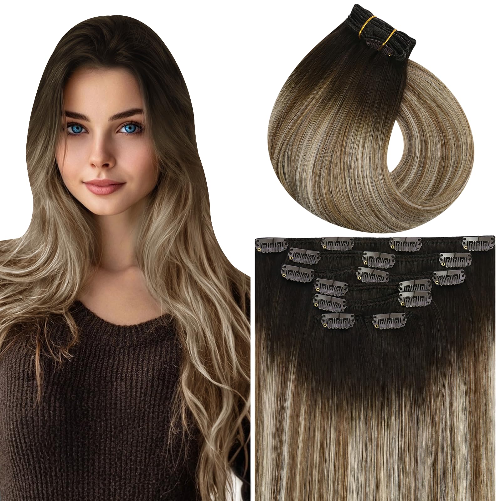Vivien Human Hair Extensions Clip in Brown Balayage 24 Inch Invisible Clip in Extensions Natural Hair Brown Ombre Light Blonde for Women Long 7Pcs 135g #3/8/24 — image 1