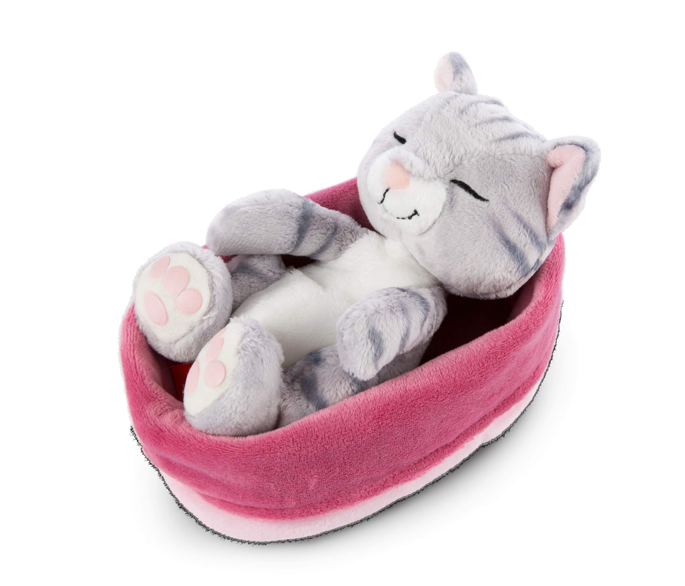 NICI Soft Toy Cat in pink-purple basket 16 cm - Sleeping Kitties cuddly toys for Girls, Boys & Babies - Plush stuffed animal cats for playing, cuddling & sleeping with