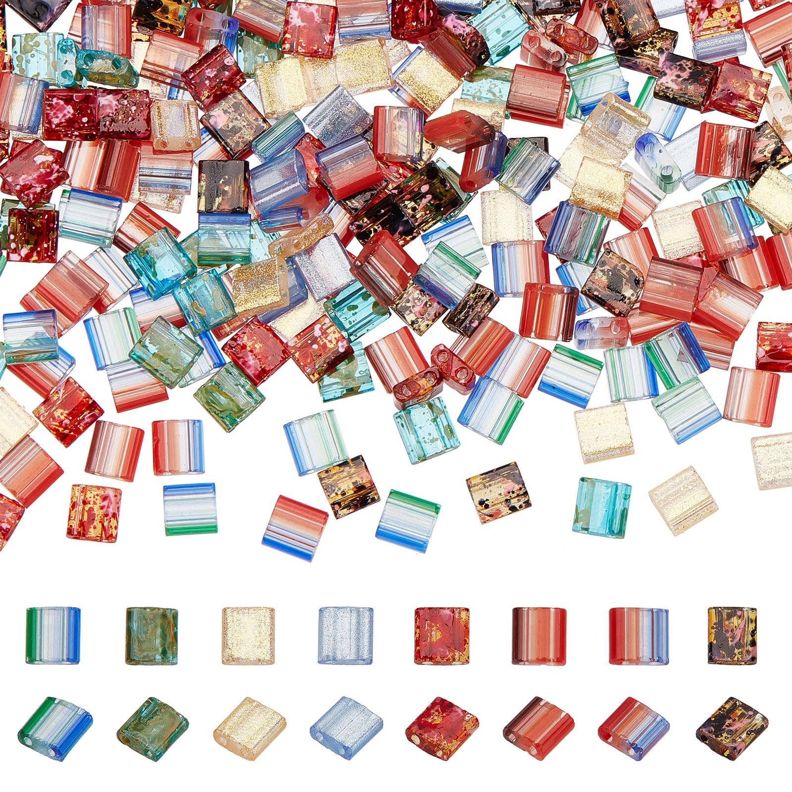 SUNNYCLUE 1 Box 320Pcs 8 Style 5 * 5mm Tila Beads Flat Square Beads 2-Hole Glass Seed Beads Opaque Spacer Loose Beads for Multi-Strand Jewelry Making DIY Craft Bracelet Necklace Earrings Embroidery