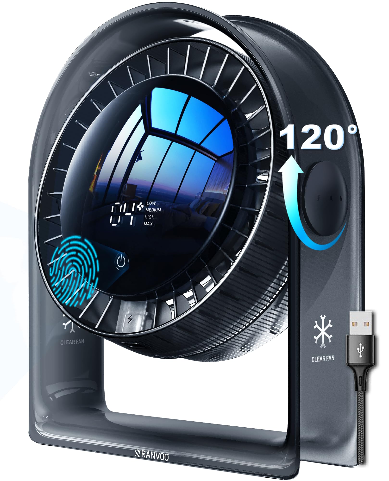 Photo 1 of 2025 New Desk Fan, Quiet Air Circulator Mini Fan for Bedroom, Portable Smart Display USB Fan, 4 Speeds Strong Airflow, 120°Tilt, Small Desktop Table Fans For Office Bedside Room, Translucent Black