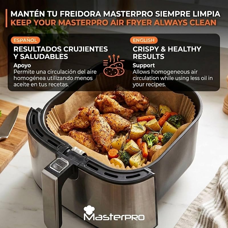 Papel para Freidora de Aire | Pack de 500 Moldes de Papel de Horno Desechable Antiadherente | Compatible con Cosori, Cecotec, Philips| 20x20x4,5cm: Air Fryer de 5 L a 8 L