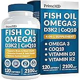 4-in-1 Fish Oil Omega 3 Fatty Supplements (2100mg) - Omega 3 Fish Oil with Vitamins D3 K2 and CoQ10 - Lemon Flavored (120 softgels)