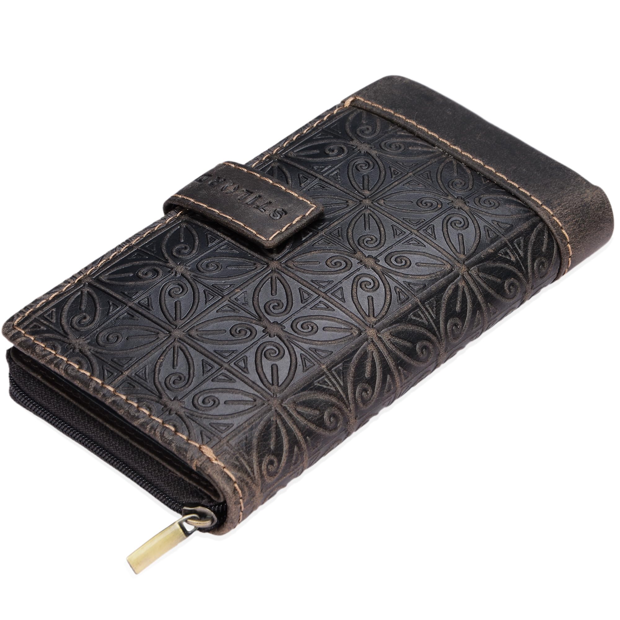 STILORD 'Greta' Vintage Leather Purse Wallet with Flower Embossment with Coin Storage 13 EC-Cards Horizontal Cow Hide Leather, Colour:Espresso Brown