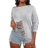 LovelyWholesale Women Off the Shoulder Sweatshirt Sexy Ripped Long Sleeve Shirts
