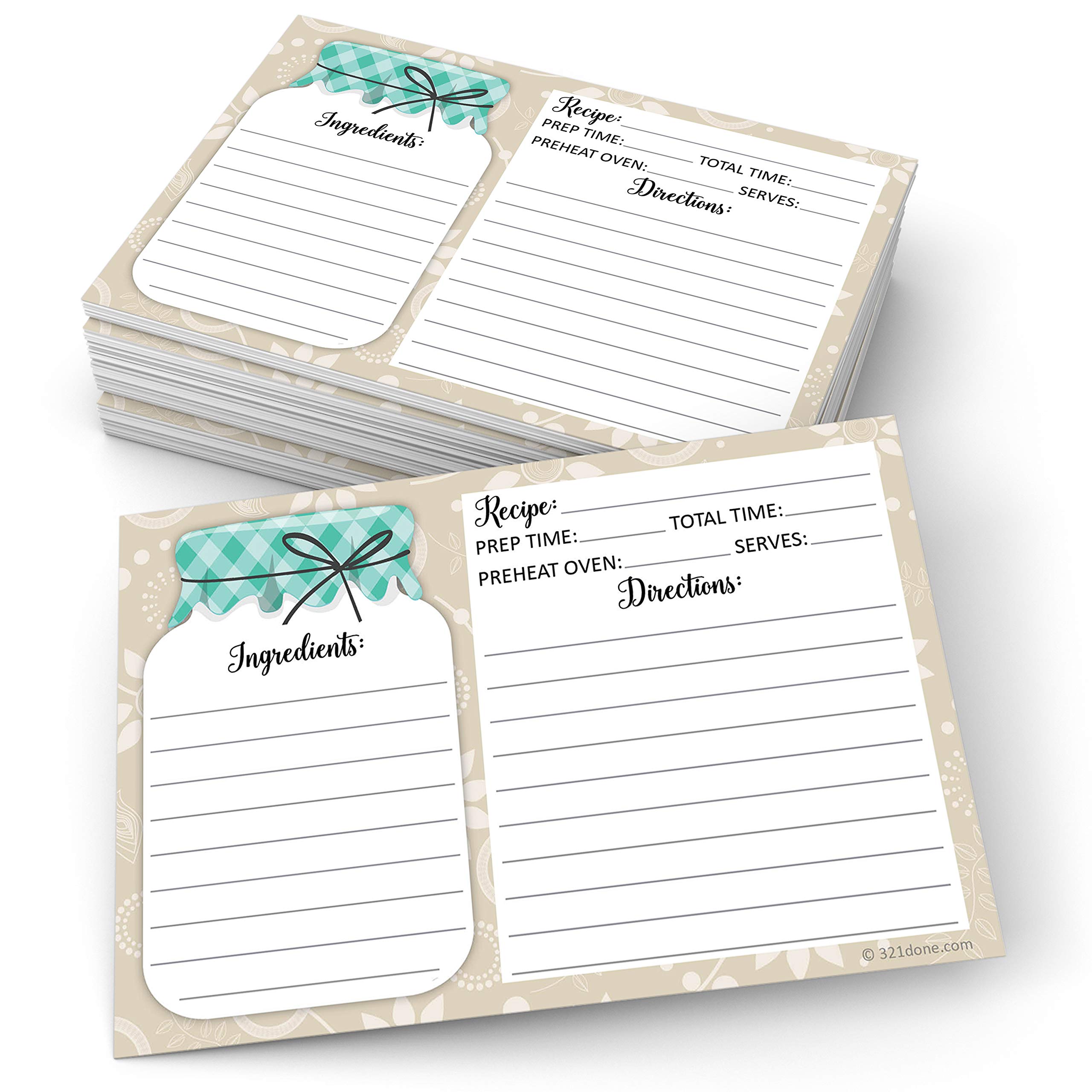 321Done Recipe Cards Mason Jar - 4 x 6 Inches - Double Sided Premium Card Stock, Set of 50 - Made in USA - Teal and Tan