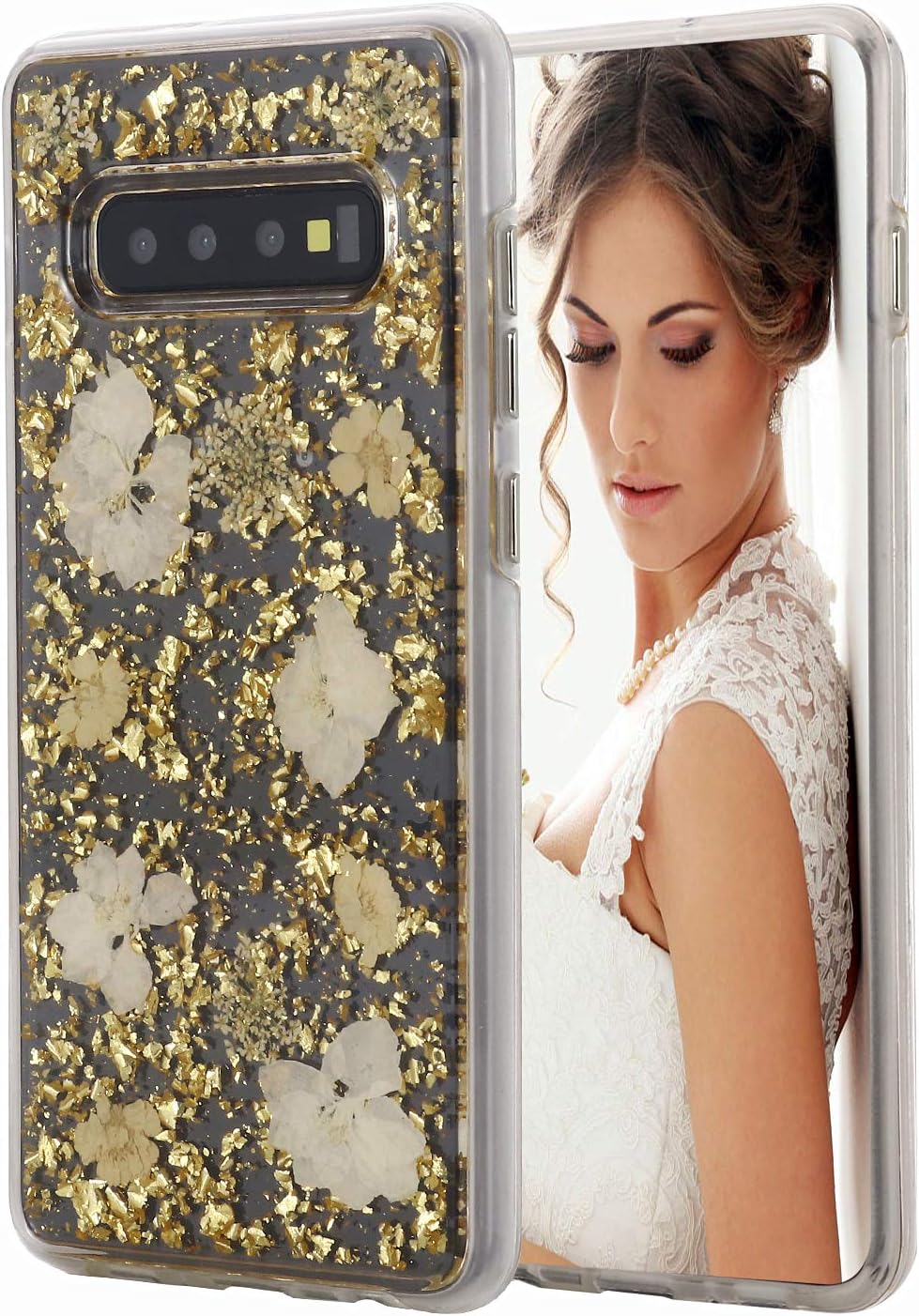 INKOMOGalaxy S10+ Plus Case, Women Luxury Fashion Natural Flower Glitter Foil Sparkle Hard Back Cover with Clear TPU Bumper Protective Phone Bling Case for Samsung Galaxy S10+ 6.4'' (Gold Flowers)