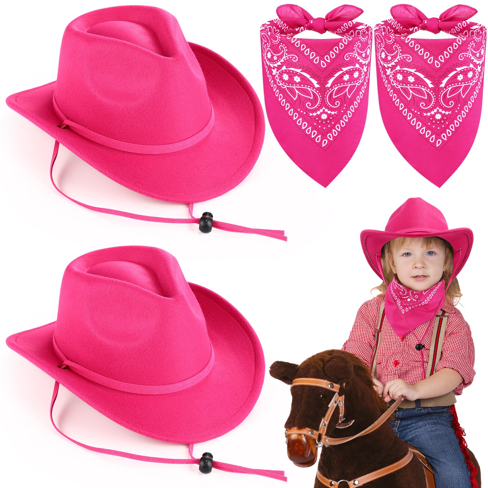 Photo 1 of Xtinmee 4 Pcs Kids Cowboy Hat for Baby Boys Girls Toddler Wool Cowgirl Hats Cotton Bandana Rodeo Party Favors(Pink)