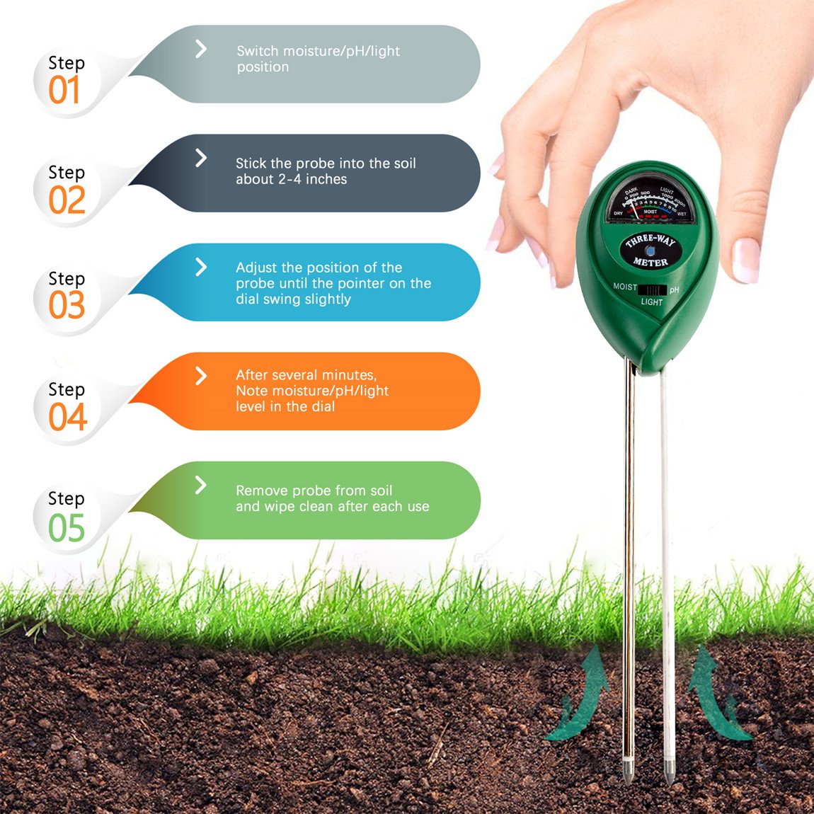 Soil Tester Kits, Three In One Soil Meter With Moisture Light And PH
