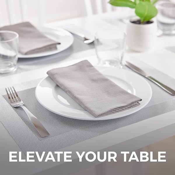 HOME GENIE HEAT RESISTANT PLACEMATS, DINING ROOM TABLE MATS, PROTECT SURFACES, WOVEN PLACEMAT SETTING FOR DINNER, WASHABLE VINYL FOOD GRADE MAT, KITCHEN DECOR ACCESSORIES, SET OF 4, SIZE 18X12, SILVER