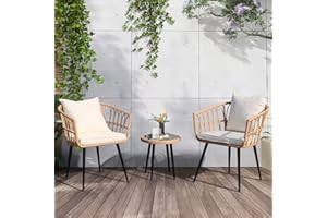 SoarFlash 3 Pieces Outdoor Wicker Bistro Set Rattan Conversation Set with Coffee Table, Patio Chair Set for Lawn, Garden,Backyard, Beige