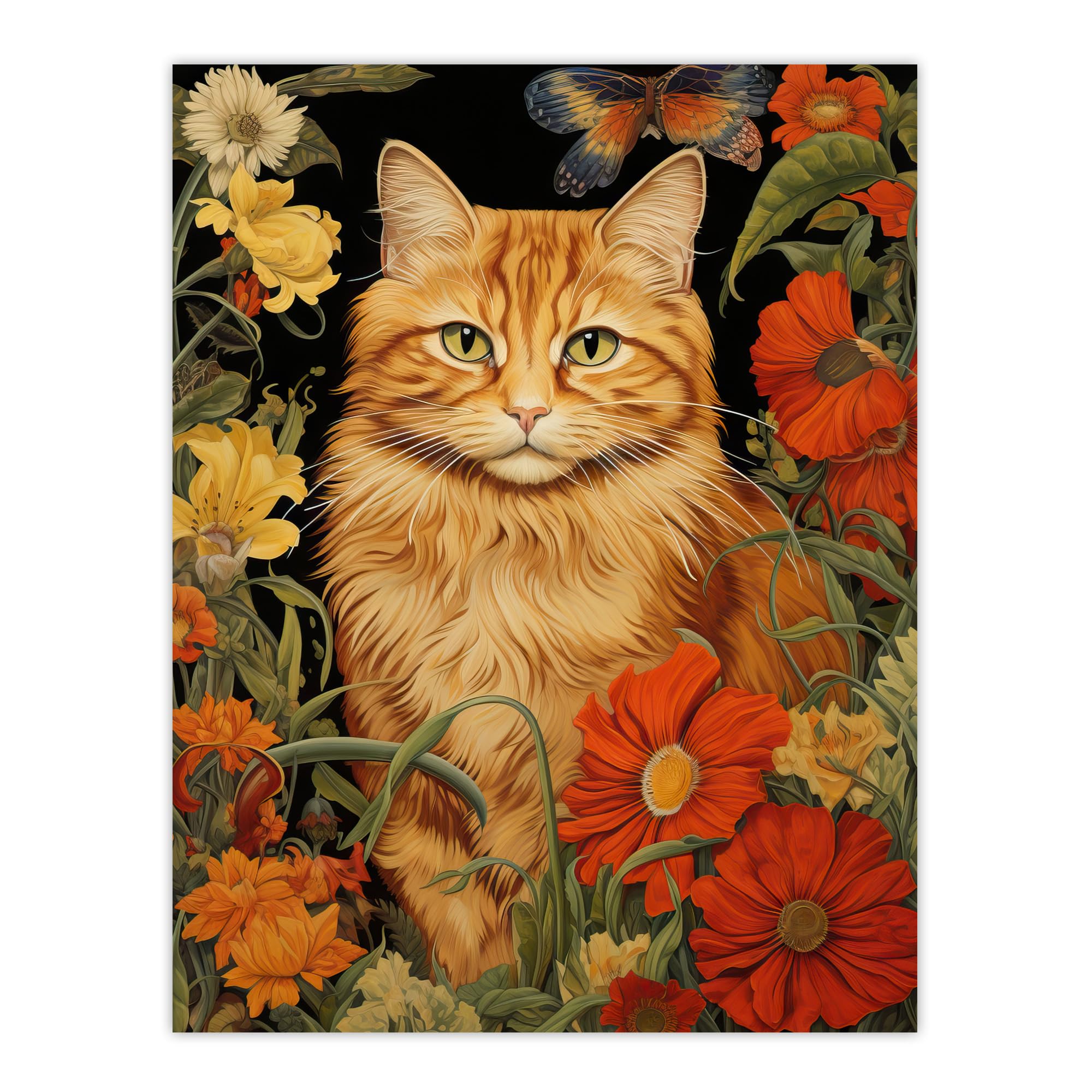 Artery8 Ginger Tabby Cat Floral Painting Orange Red Spring Flower Blooms Detailed Retro Style Low-Key Animal Portrait Extra Large XL Wall Art Poster Print