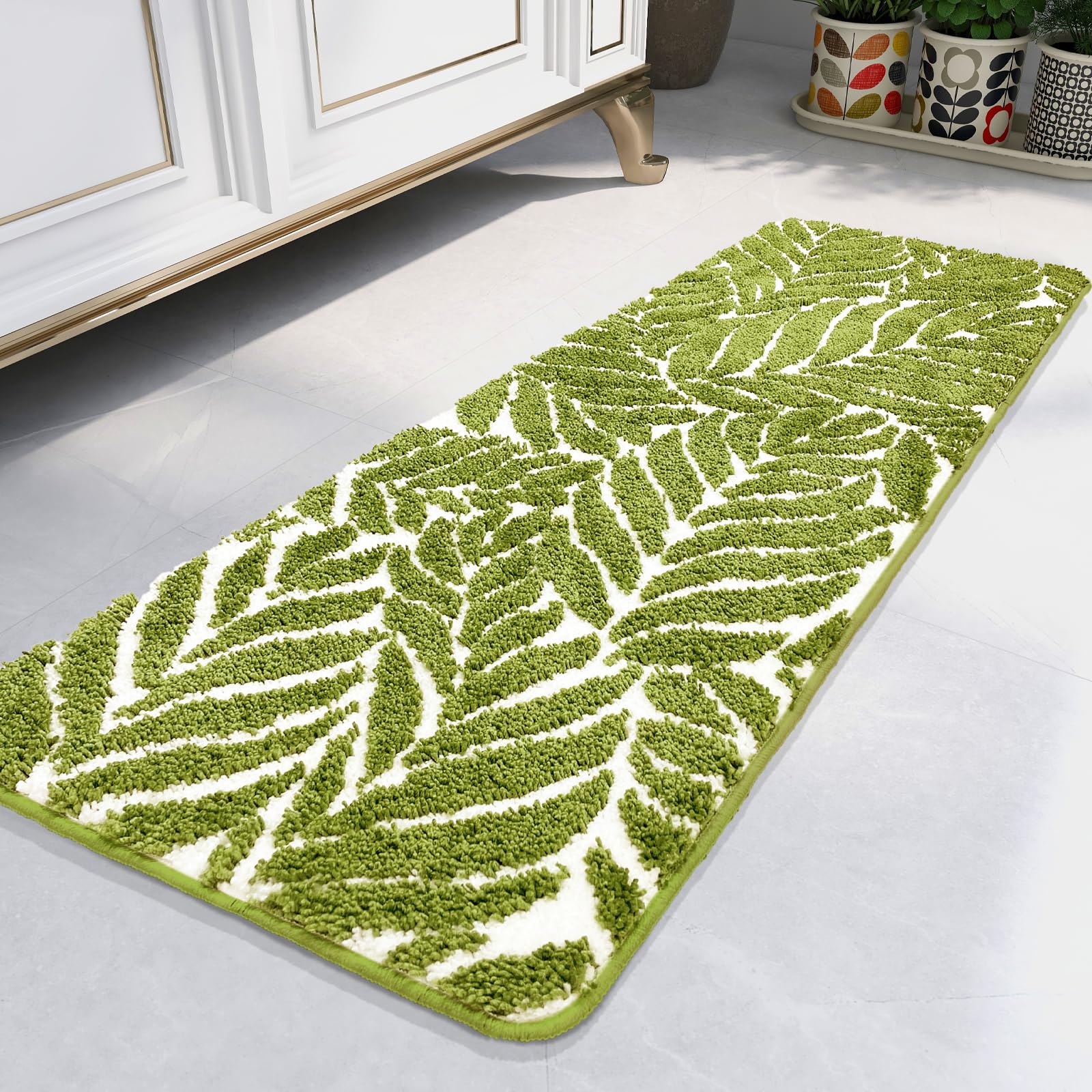 Photo 1 of Homantic  Green Leaf Bathroom Runner - Bath Mats Non Slip Machine Washable Bathroom Decor Water Absorbent Bath Rugs for Sink Bathtub and Shower Leaves 18" x 47"