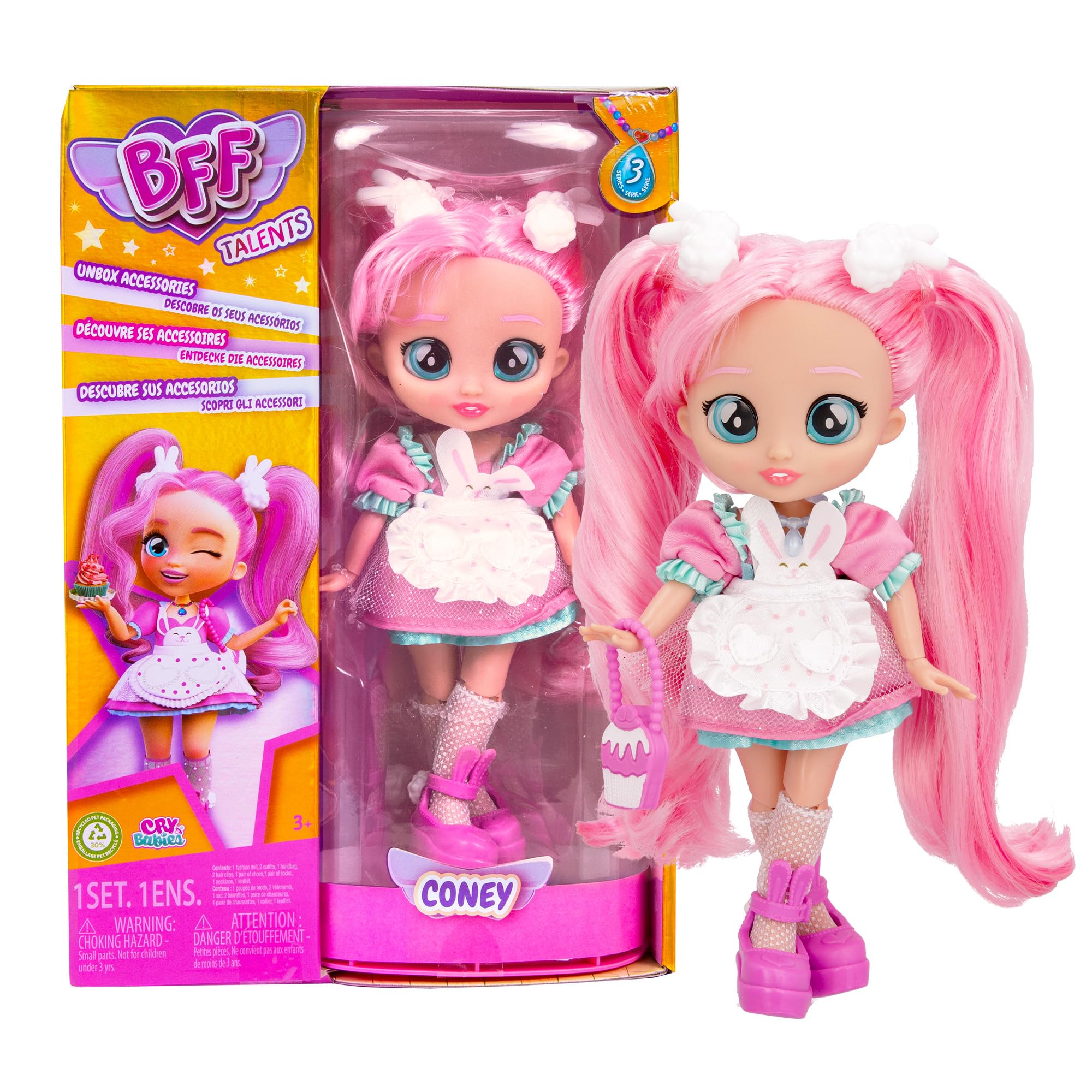 BFF by Cry Babies Coney - Collectible Fashion Doll with Long Hair, Fabric Clothes and 9 Accessories-Gift Toy for Girls and Boys +3 Years