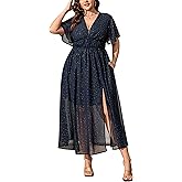 Women's Star Print Maxi Dress for Women - Deep V Neck Flutter Sleeve Elastic Waist Split Long Dress with Pockets